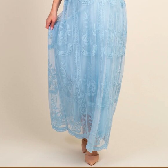 PINKBLUSH Light Blue Maternity Lace Mesh Overlay Maxi Dress - Picture 7 of 11